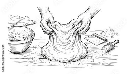 Hand kneading dough: artisan baking process in black and white line art