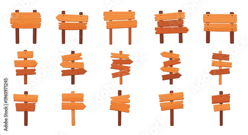 Diverse collection of rustic wooden signposts and directional markers, featuring various styles of blank and arrow-shaped boards for guidance.