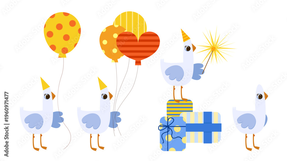 Naklejka premium Cute hand drawn geese with balloons and gift boxes festive illustration for kids birthday baby shower Easter spring celebration party decor isolated