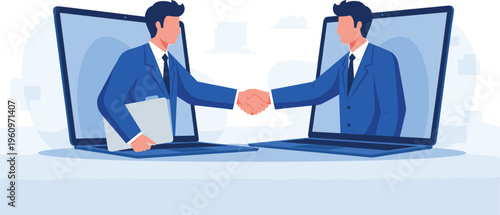 Online business handshake illustration, virtual meeting agreement concept, digital partnership deal, remote collaboration, corporate communication technology, professional networking, i