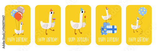 Set of birthday cards with funny geese holding gifts balloons cake and wine perfect for kids parties greeting cards celebrations