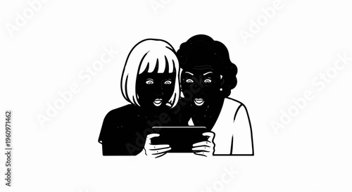 Two surprised individuals, one young, one elder, share a digital device