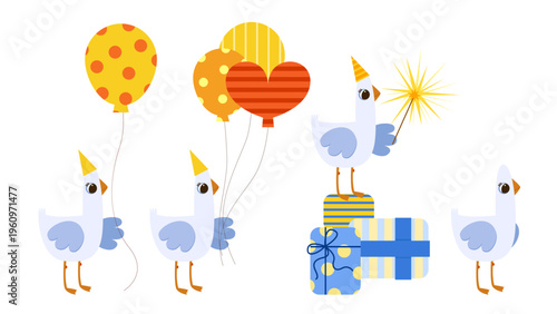Cute hand drawn geese with balloons and gift boxes festive illustration for kids birthday baby shower Easter spring celebration party decor isolated
