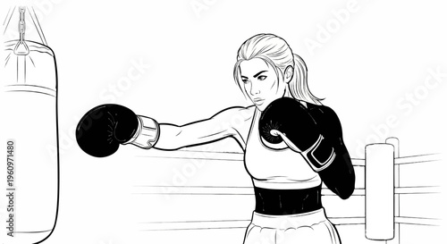 Woman in boxing ring, training with punch bag