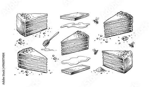 Hand-drawn honey cake with bees, layered slices, and textured ingredients