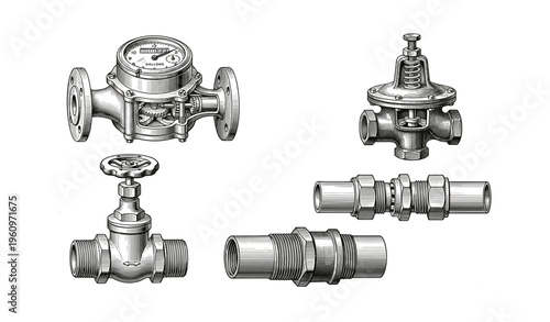 Detailed diagram of industrial pipe valves and connectors