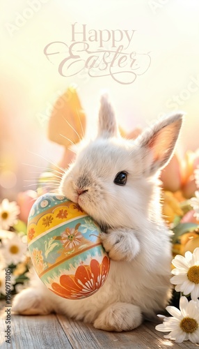 Happy Easter Sweet white bunny holding a large decorated Easter egg