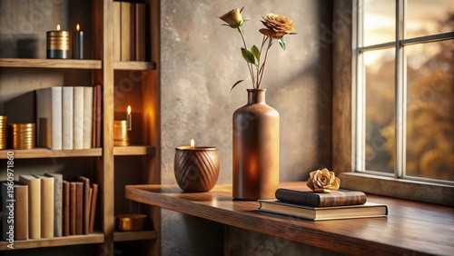 Wallpaper Mural Serene autumnal ambiance  wooden shelf with books, candles, and dried roses in a rustic vase, resting on a window sill, bathed in warm sunlight. Torontodigital.ca