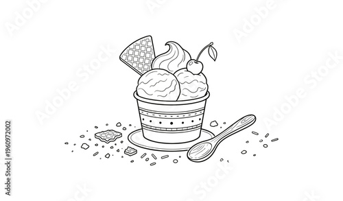 Line art of ice cream sundae with waffle cone and cherry on spoon