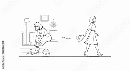 Woman putting on shoes indoors then walking outside with a purse