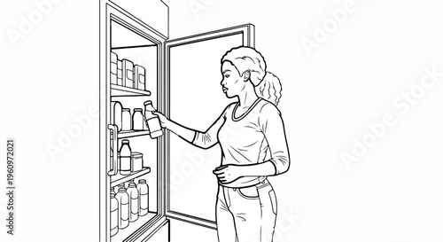 Woman selecting bottle from fully stocked refrigerator