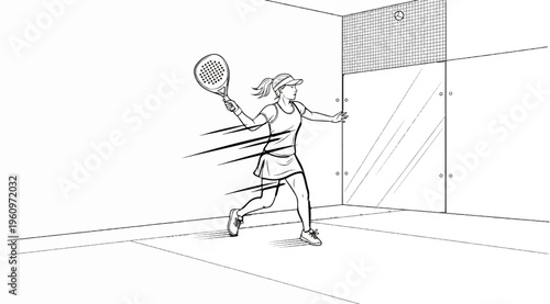 Woman playing indoor sport with racket on glass court