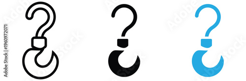 Set of question mark hook icons in black and blue colors for queries and help