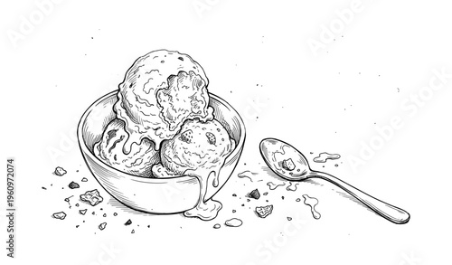 Sketch of ice cream bowl with spoon and cookie crumbs