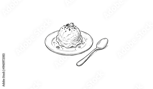 Hand-drawn scoop of ice cream with chocolate chips on plate and spoon