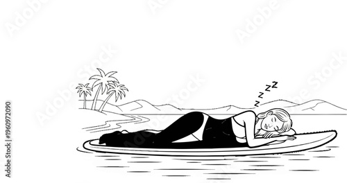 Woman sleeping on surfboard in ocean near palm trees
