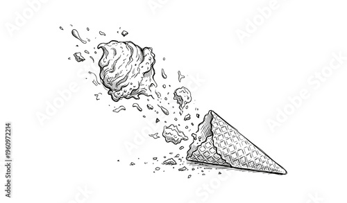Fallen ice cream cone: sketched scoop and crumbled cone