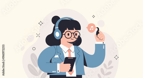 Woman with headphones and phone, enjoying music via earbuds