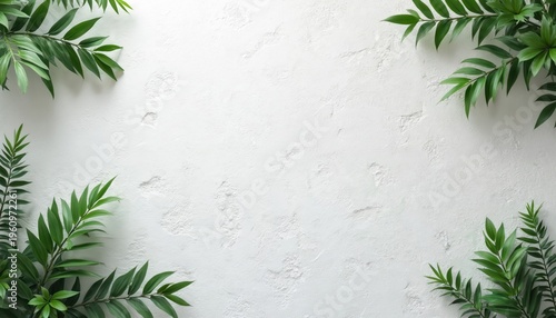 Green palm leaves frame a rough textured white wall surface. This minimalist background offers a clean, natural aesthetic. Ideal for text overlays and graphic design elements.