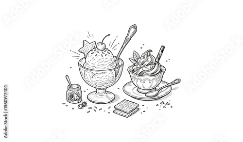 Black and white ice cream sundae sketch with cherry and waffle details