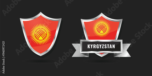 High-quality 3D metallic shield and ribbon featuring the national flag of Kyrgyzstan. Glossy silver emblem for Kyrgyzstani branding, international icons, and patriotic identity.