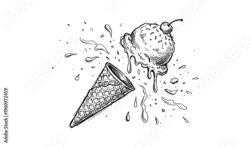 Melting ice cream cone and scoop with cherry sketch