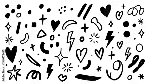Hand drawn doodle vector set of background filler doodles in playful sketchy ink pen style with clean black outlines isolated on white background
