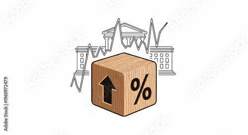 Wooden cube with upward arrow and percentage symbol before a line graph and building