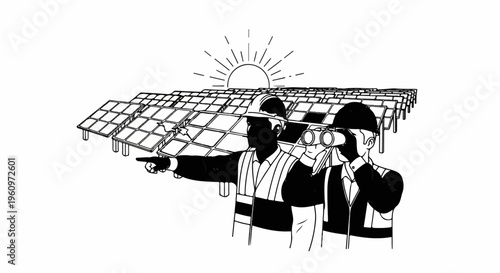 Workers inspect solar panels under a rising sun