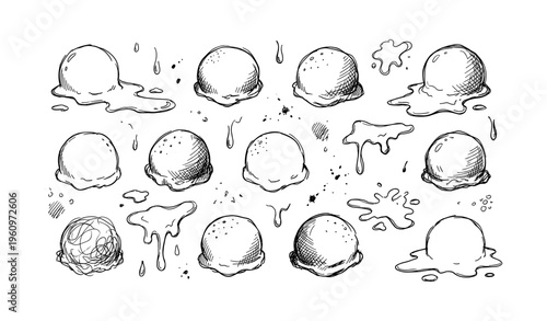 Hand-drawn ice cream scoops with various melting stages