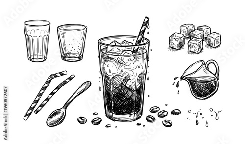 Hand-drawn cold brew coffee glass with ice cubes, straws, and milk jug sketch