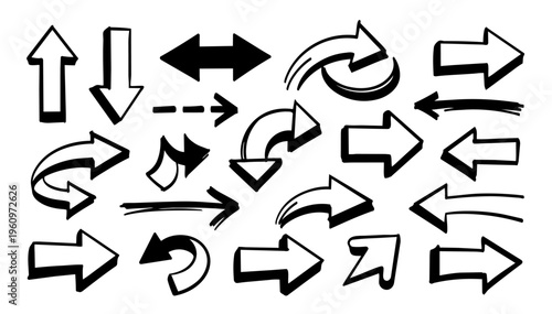 Hand drawn doodle vector set of bold direction arrows and movement indicators in strong expressive ink pen style with clean black outlines isolated on white background