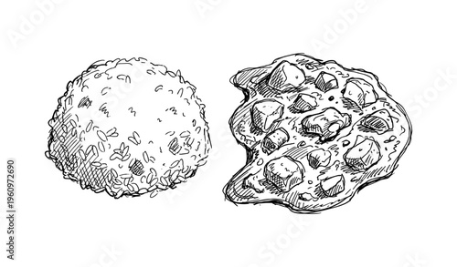 Hand-drawn cookies: chocolate chip and oatmeal sketch