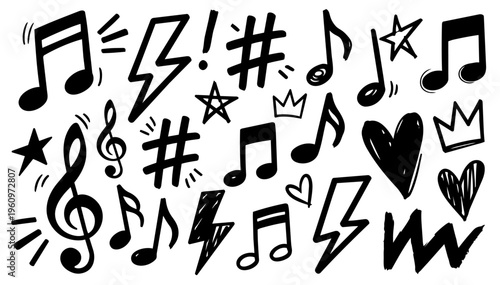 Hand drawn doodle vector set of bold music icon scribbles in playful expressive ink pen style with strong black outlines isolated on white background