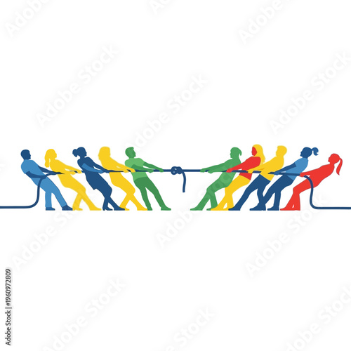 Diverse teams pull rope in tug of war competition, colorful silhouettes, concept of conflict and teamwork.