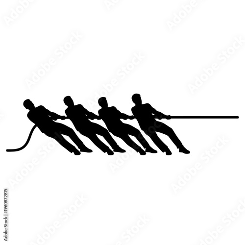 Silhouette of team pulling rope, tug of war competition, teamwork and struggle concept