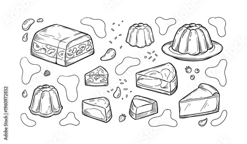 Hand-drawn dessert variety with jelly, cake, and pudding illustrations