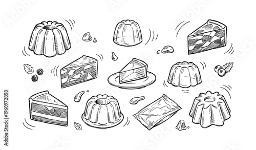 Hand-drawn sketches of various cakes and jellies with fruits and decorative elements