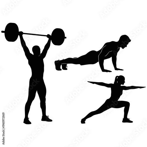 Cross training fitness silhouettes including weightlifting push up plank and stretching exercises representing strength and endurance.