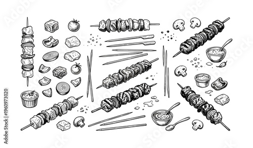 Hand-drawn skewers with veggies and sauces illustration