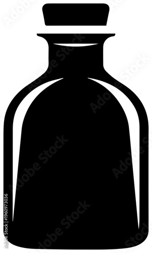 Solid black silhouette icon representing a glass bottle filled with linseed oil sealed with a cork stopper isolated on a clean white background symbolizing natural oils