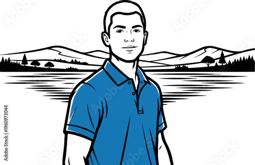 Young man in blue polo stands by water with stylized landscape background