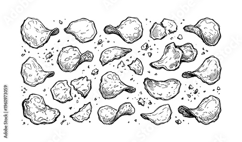 Hand-drawn sketch of potato chips and crumbs in black and white