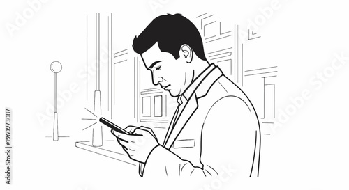 Young man in business attire engrossed in his mobile device on a city street