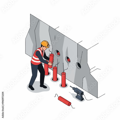 Isometric illustration of a miner placing dynamite into a rock wall.