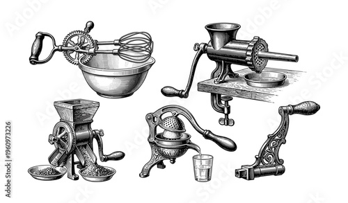 Vintage kitchen appliances collection: hand mixer, meat grinder, coffee grinder, juice press