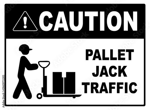 Warning sign showing pallet jack traffic area with worker icon. Used in warehouses and industrial zones. Simple, high-contrast design, isolated on white background, editable vector.