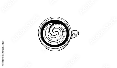 Top view of artistic latte coffee cup with swirl design in black and white sketch