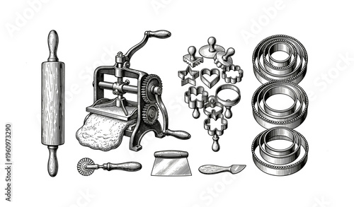 Vintage baking tools and pastry cutters in black and white illustration