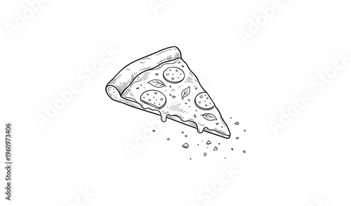 Hand-drawn sketch of a pepperoni pizza slice with cheese and basil leaves